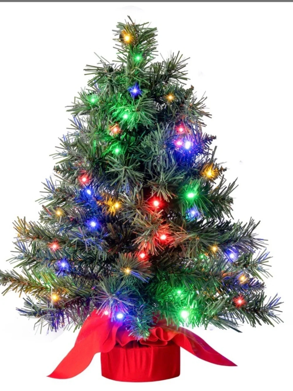 Green Mini Holiday Tree with Multicolor Lights and Red Fabric Base